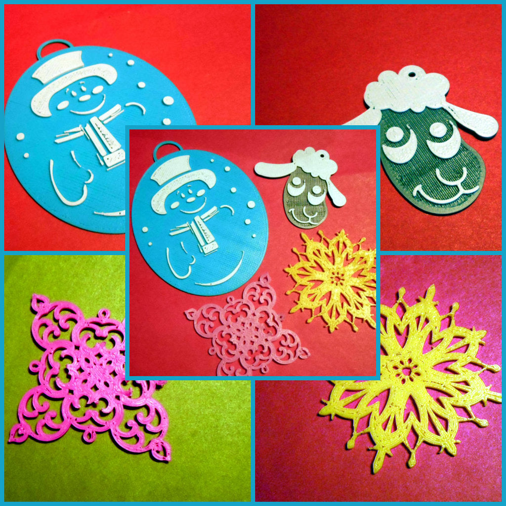 Juledekorationer: Snemand og lam legetøj, gul og pink snefnug