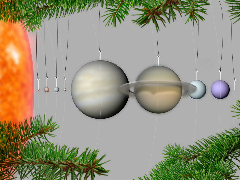 Skalamodeller af vores planetsystem som juletræsornamenter